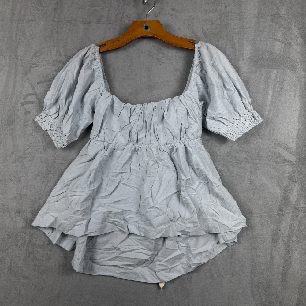 Free People Pearl Blue Puff Sleeve Open Back Babydoll Top OB2007545 XS NEW